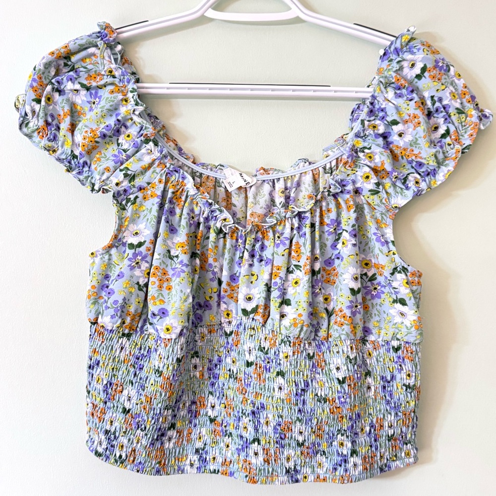 MINE Floral Smocked Crop Top Blue Puff Sleeve Cottagecore Boho Size L